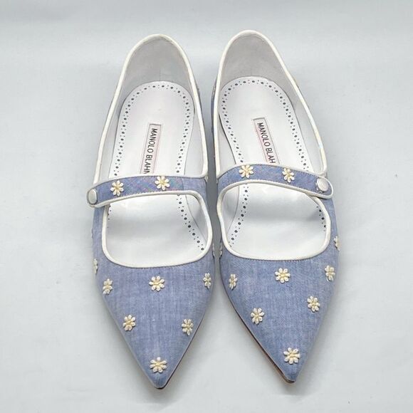 Manolo Blahnik Campari Blue Mary Jane Ballet Flats size 38.5 - Picture 4 of 13